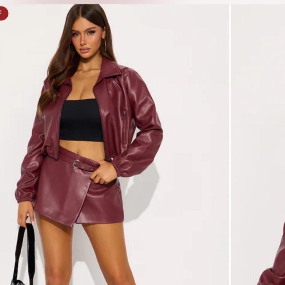 Fashion Nova Burgundy Faux Leather Cropped Jacket Skort Set